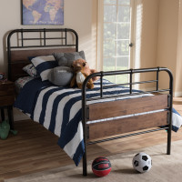 Baxton Studio TS1145-Black-Twin Monoco Rustic Industrial Black Finished Metal Coco Brown Wood Twin Size Platform Bed